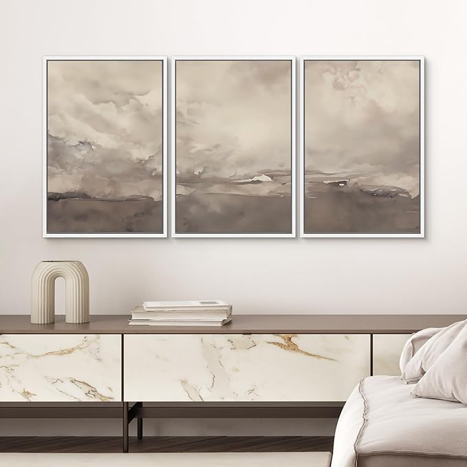 SIGNWIN Framed Canvas Print Wall Art Set Neutral Cloudy Sky Landscape Soft Beige and Taupe Illustrations Modern Art Decorative Boho Relax/Zen Nordic for Living Room, Bedroom, Office - 16"x24"x3 White