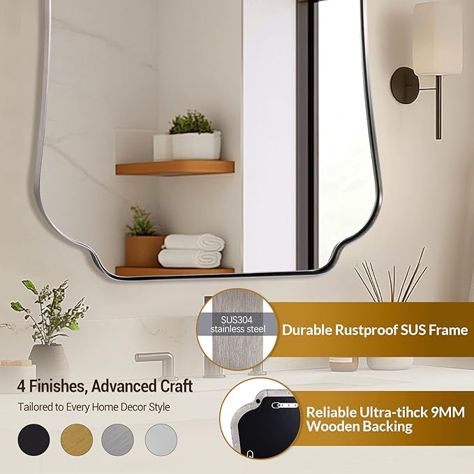 ANDY STAR Brushed Nickel Mirror 30x36 Inch, Bathroom Mirror for Wall, Large Scalloped Wall Mirror in Anti-Rust Stainless Steel Metal 1’’ Frame