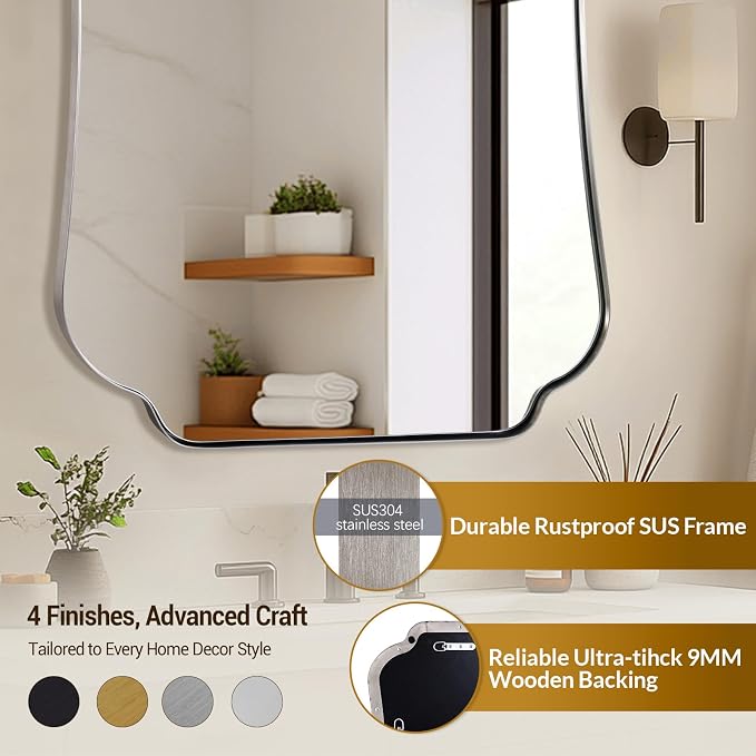 ANDY STAR Brushed Nickel Mirror 30x40 Inch, Bathroom Mirror for Wall, Large Scalloped Wall Mirror in Anti-Rust Stainless Steel Metal 1’’ Frame