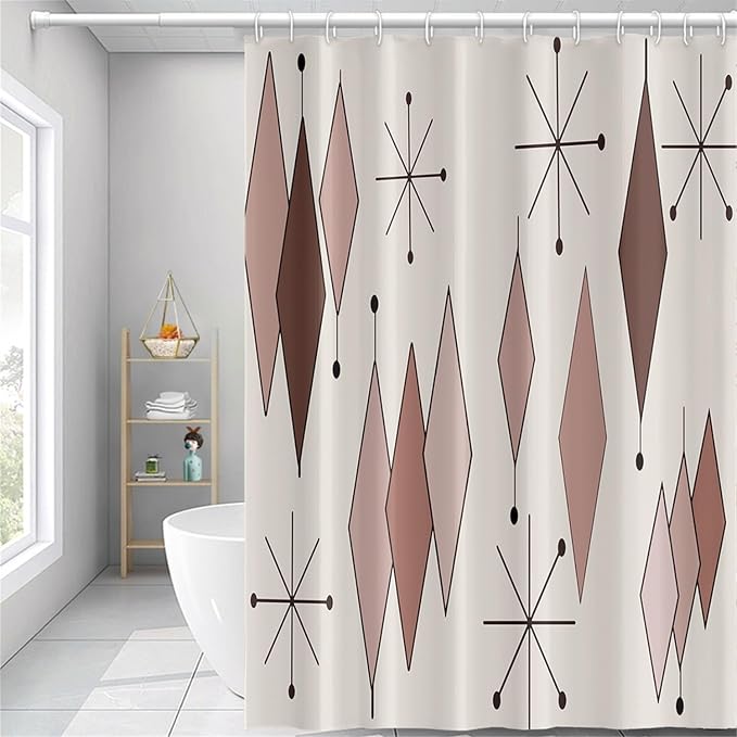 Mid Century Shower Curtain Abstract Light Brown Diamond Geometric Atomic Starburst Pattern Beige Backdrop for 1950s Retro Bathroom Decor Shower Curtain Set with 12 Hooks, 72x72 Inches