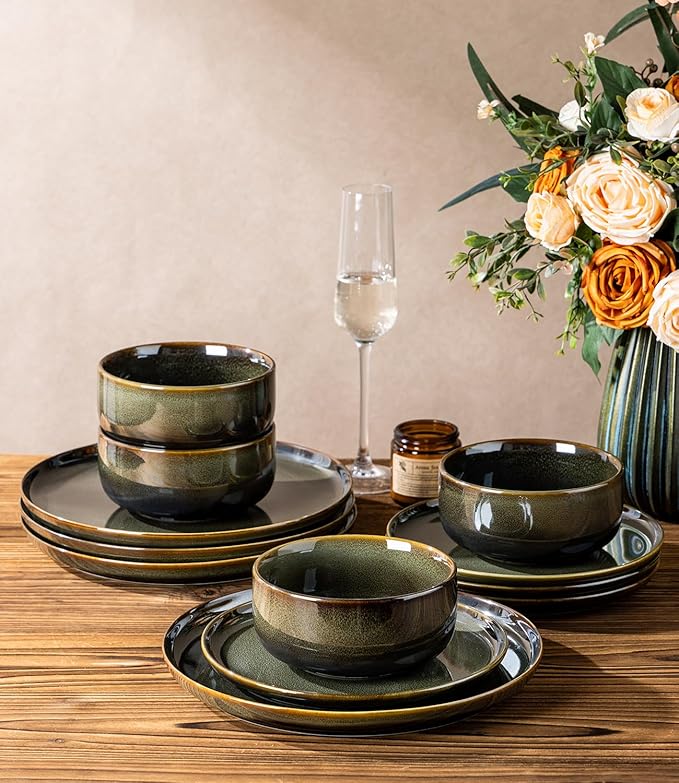 TheTerra Ceramic Dinnerware Sets, Handmade Reactive Glaze Plates and Bowls Set, Scratch Resistant Dish Set, Oven & Microwave & Dishwasher Safe, Sets for 4, Olive Green