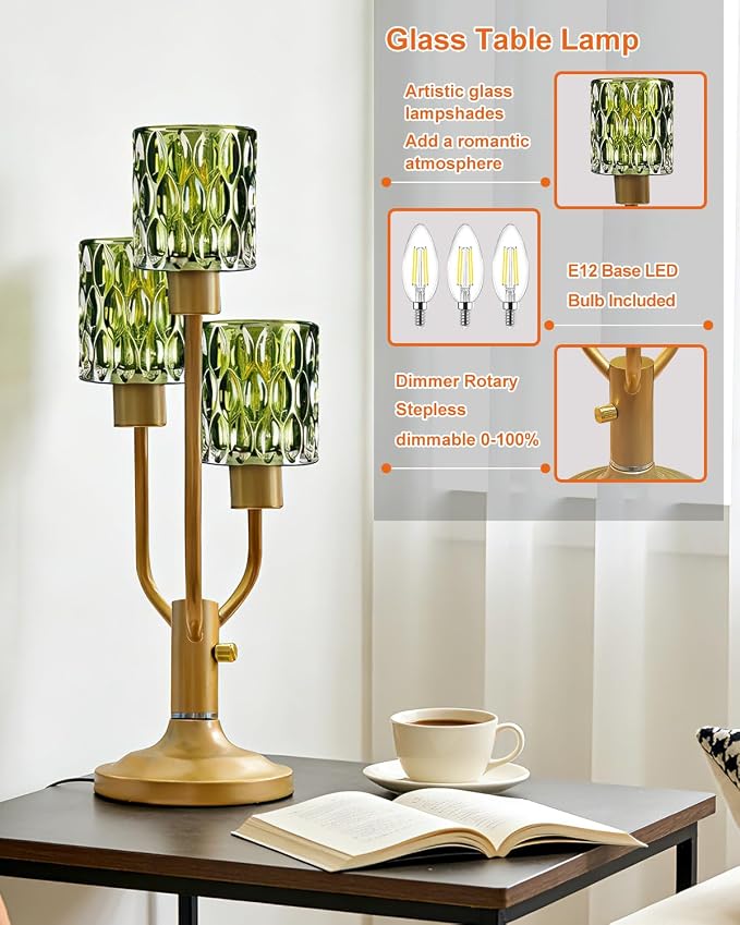 Lightdot Mid Century Modern Table Lamp for Living Room Dimmable Nightstand Lamp Gold Vintage Desk Lamp Green Glass 3 Bulbs Included Warmwhite Ambient Bedside Lamp for Bedroom Home Office Decor Gift