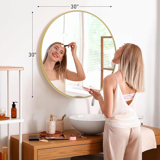 NEWBULIG Round Bathroom Mirror for Over Sink, 30 Inch Wall Mount Vanity Circle Mirror with Matte Metal Framed, Decor for Bathroom, Entryway, Bedroom, Gold