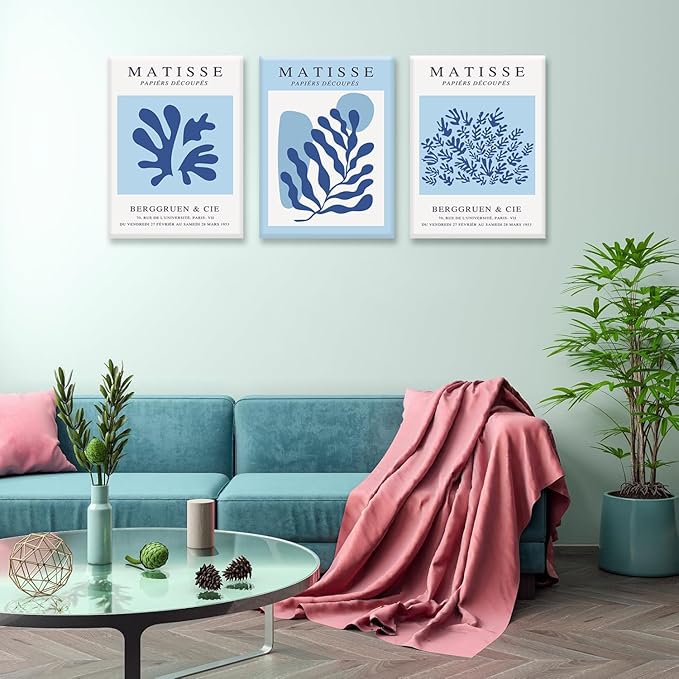 BingruiArt Blue Matisse Wall Art Canvas Boho Flower Set of 3 Minimalist Plant Leaves Painting Abstract Pictures Aesthetic Prints Home Decor for Living Room Bedroom Bathroom 12"x16" Framed