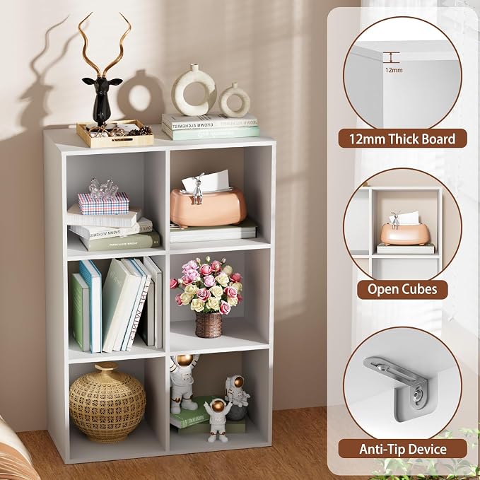6 Cube Storage Organizer, Open Bookshelf Storage Cubes Shelf with Back Panel, Wooden Display Shelf Bookcase Standing Shelves for Living Room, Bedroom, Home Office (White, 6-Cube)