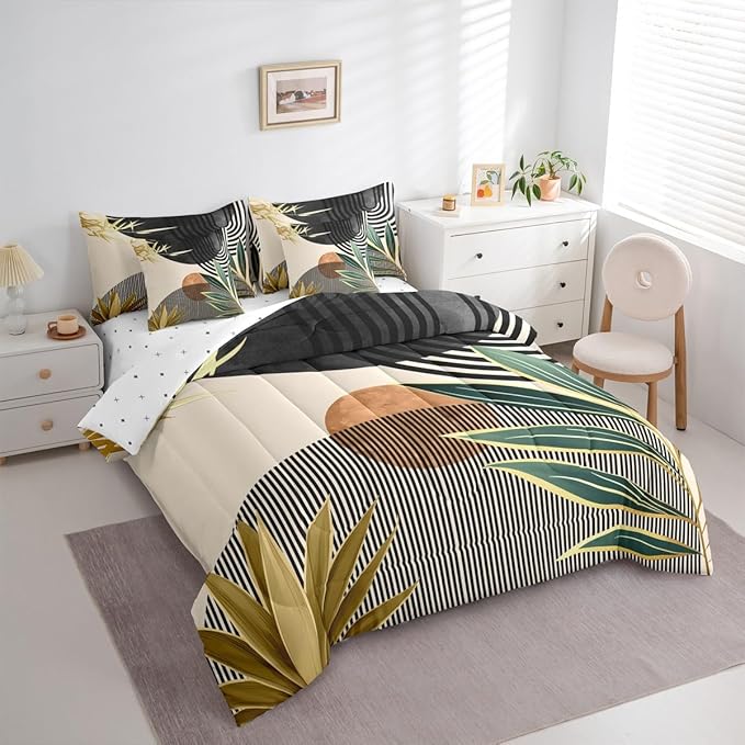 Erosebridal Mid Century Modern Bedding Sets Full Boho Botanical Minimalist 7 Piece Comforter Set,Vintage Line Art Bed in a Bag Modern Simple Aesthetic Sheet Set with Comforter,Black Beige