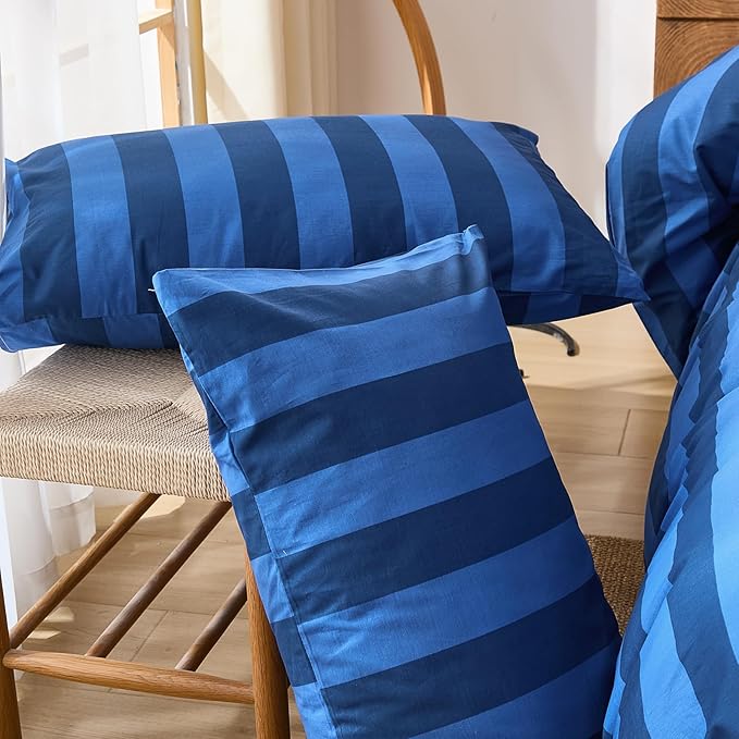 Merryword Blue Striped Duvet Cover Set King Size, 100% Natural Cotton Linen Like Duvet Cover Set with Zipper Closure & 8 Corner Ties, Dark Blue Soft Reversible Bedding for All Seasons