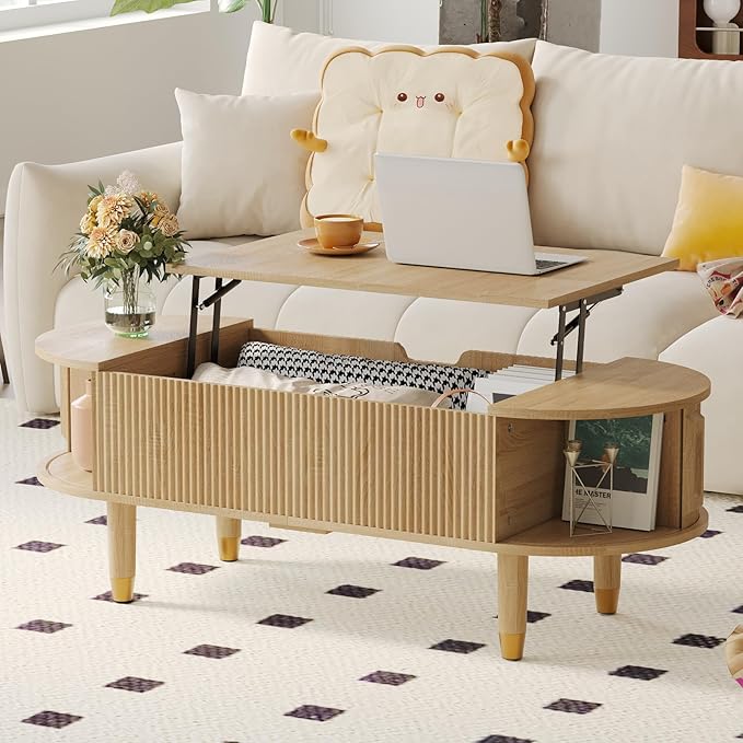 Oval Wood Coffee Table,Fluted Lift Top Coffee Table with Sliding Door and Solid Wood Legs,Suitable for Living Room,Home Office,and Apartment. (Lift Top Coffee Table-Oak)