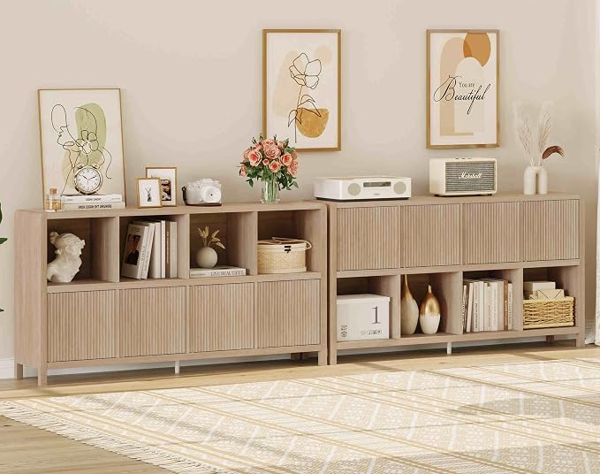 FATORRI 8 Cube Bookshelf with 4 Doors, Modern Mid Century Wood Book Shelf with Storage, Low Horizontal Cubby Bookcase for Home Office (Light Walnut)