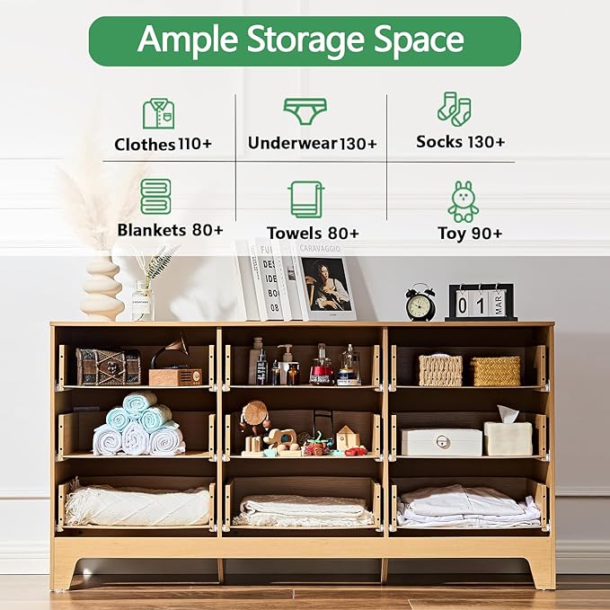 Dresser for Bedroom with 9 Drawers – Wide Chest of Drawers with Pulls Handles, Solid Wood Legs, Easy Assembly, Farmhouse Tall Dressers for Closet, Living Room,Hallway and Entryway Natural oak