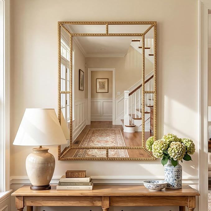 Tangkula 36" x 24" Gold Rectangle Wall Mirror, Decorative Mirror with Beaded Frame for Living Room, Entryway, Fireplace, Bedroom, Modern Vintage Wall Decoration (Rectangle)