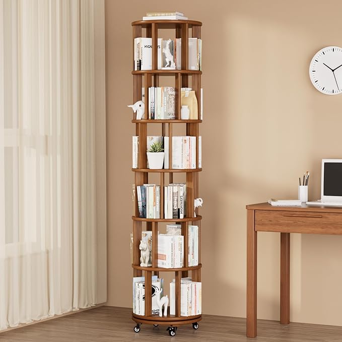 Rotating Bookshelf Tower with Wheels, 6 Tier Walnut Wood Round Spinning Bookshelf Tower, 360° Revolving Bookcase Rolling for Kids Adult, Rotation Book Shelf for Bedroom, Living, Office, Corner