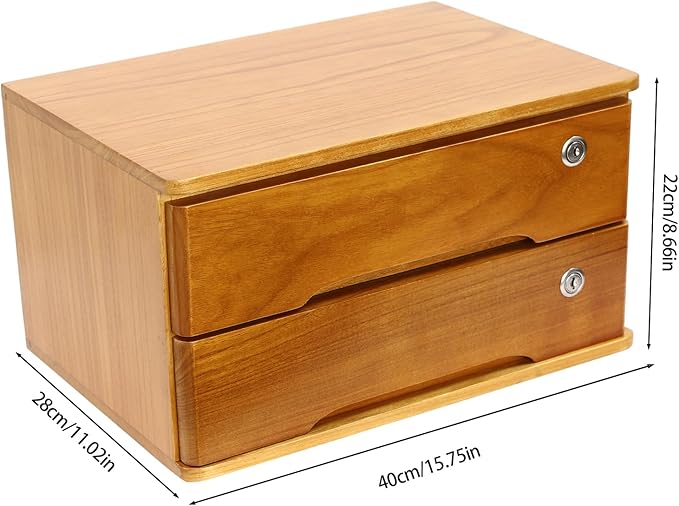 Desktop File Organizer with Lock, 2/3/4 Tier Multi-Drawer Wooden Storage Cabinet, Office Supply Organizer for Home Desk, Study & Workplace (Brown, 2 Layers)
