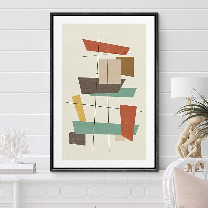 Woodrose Framed Canvas Print Wall Art Geometric Vintage Colorful Block Abstract Shapes Illustrations Modern Minimalist Chic Relax/Calm Multicolor for Living Room, Bedroom, Office - 24"x36" Black