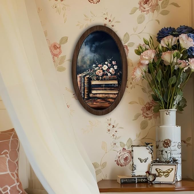 UYIKG Vintage Dark Academia Oval Wall Art Decor,Floral Book Oil Painting Art Wooden Framed Decor,Farmhouse Oval Wooden Wall Decorations for Theme Room Home Bedroom Living Room Reading Room 9x14.6 in