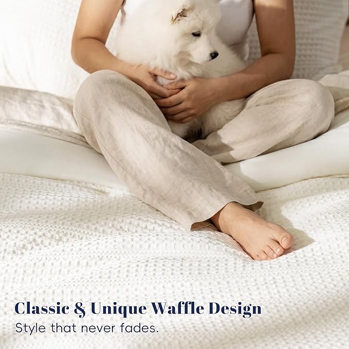 PHF Soft Waffle Comforter Set Queen Size- Comfy Breathable Waffle Weave Comforter with 2 Pillow Shams, 3 Pieces Less Snagging Lightweight Textured Bedding Set for All Season, Cream