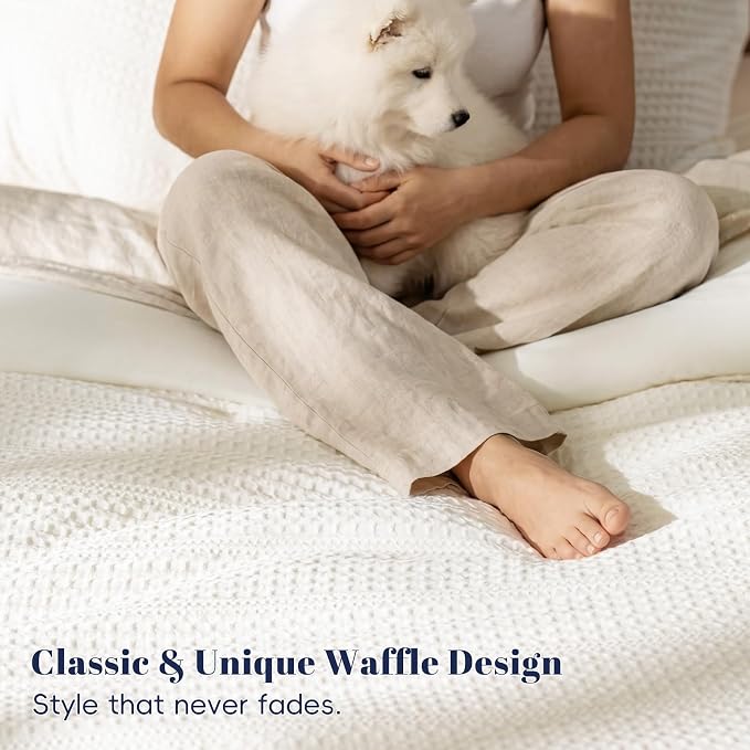 PHF Soft Waffle Comforter Set Twin Size- Comfy Breathable Waffle Weave Comforter with 1 Pillow Shams, 2 Pieces Less Snagging Lightweight Textured Bedding Set for All Season, Cream