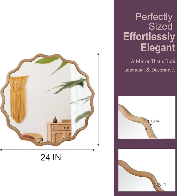 24 Inch Wooden Wavy Round Wall Mirror, Modern Solid Wood Frame Circle Decorative Accent Mirror for Bedroom, Bathroom, Living Room, Entryway, Natural Wood Color