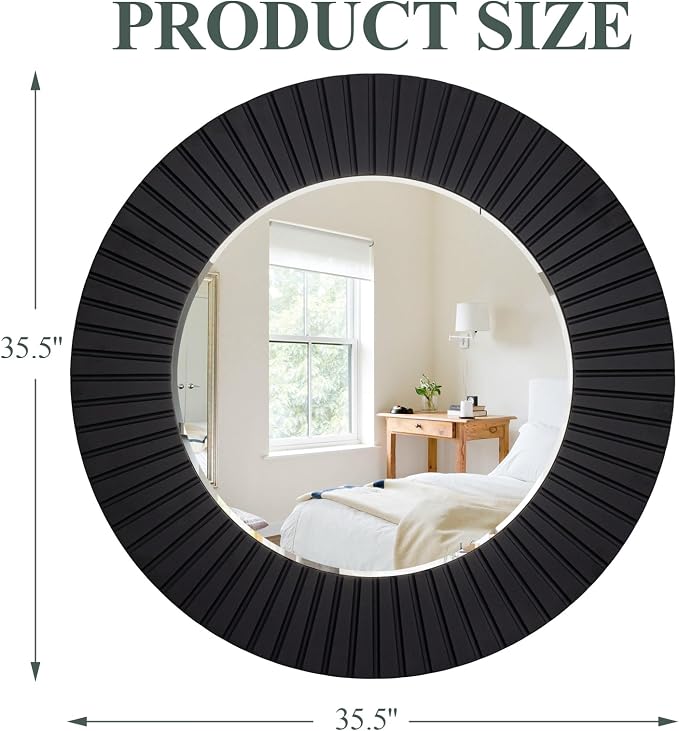 Chende 36'' Black Circle Mirror for Bathroom, Large Round Mirror with Wood Frame, Elegant Accent Rustic Black Mirrors for Living Room, Dining Room, Bedroom, Entryway