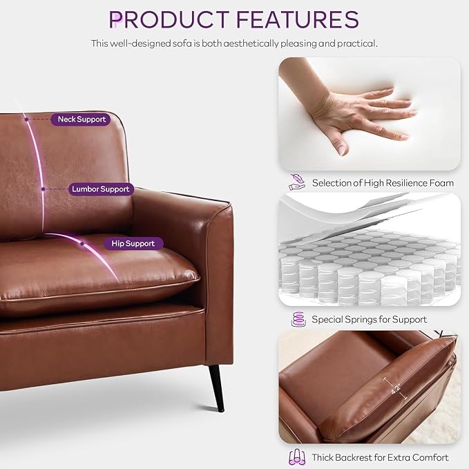 TYBOATLE Accent Chairs Set of 2, Comfy Faux Leather Living Room Chairs, Mid Century Modern Sofa Chairs, Cozy Reading Arm Chair, Armchairs for Bedroom, Office, Living Room (Brown)