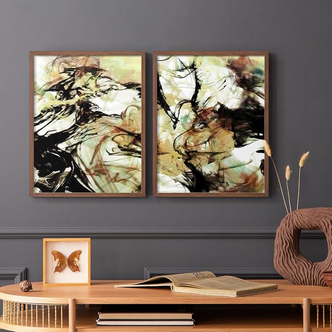 Renditions Gallery Set of 2 Peel & Stick Framed Prints, Abstract Wall Art, Vapping Smoke Design Wall Decor, Re-Stickable - Ready to Hang - 8"x10" - Walnut Frame LT588
