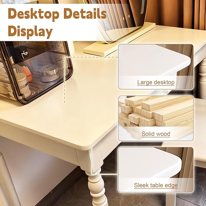 Solid Wood French Country Desk,Writing Desk with Storage Drawers,Farmhouse Computer Table Makeup Table Modern Simple Style,for Home Office Living Room Study Workspace Bedroom (White, 47.2IN)