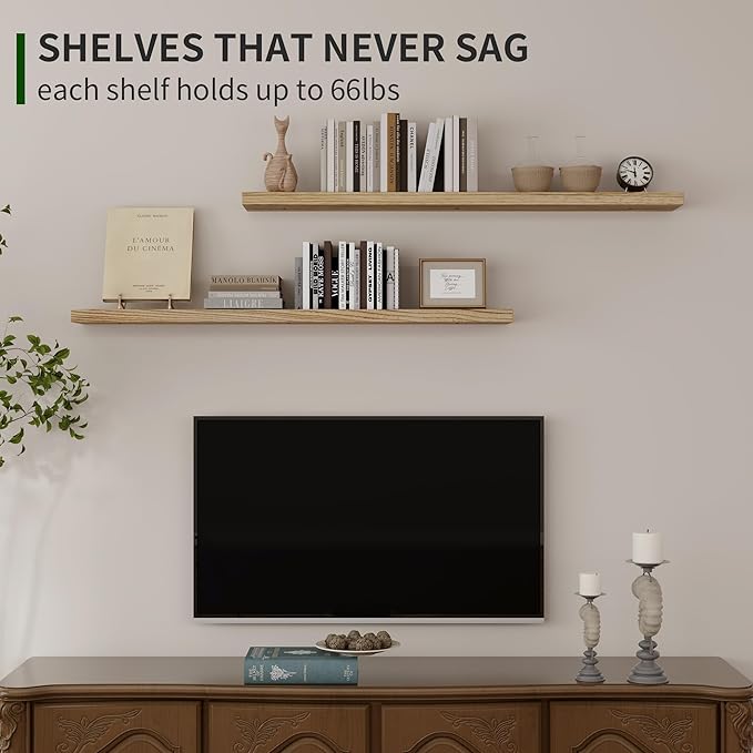 Marsmiles Wood Floating Shelves for Wall Set of 2, 48 Inch Wide Rustic Wooden Floating Shelves, Invisible Wall Mounted Display for Living Room Bedroom Kitchen Bathroom Office, Carbonized Black