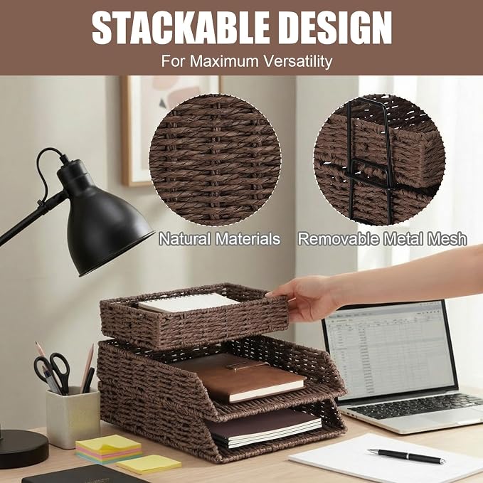 Geelin 3 Pack Paper Rope Woven Stackable Desk Organizer Letter Tray, Brown Tabletop Desk Basket for Storage Paper Letter Folders Notebooks Copy Print, Workspace Holder