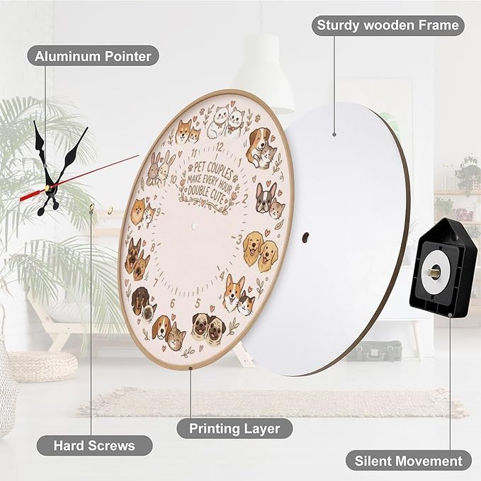 Adorable Animal Pairs Silent Non-Ticking Wooden Wall Clock 10/12 inch, Frameless Cute Pet Couples Design for Kids Room, Bedroom, Kitchen, Office, Battery Operated Home Decor Gift