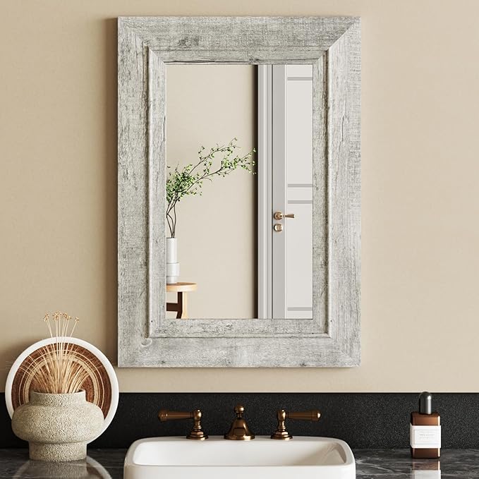 Rustic Wall-Mounted Vanity Mirror, Solid Wood Frame Bathroom Mirror, Farmhouse Style for Living Room, Bedroom, Entryway, Horizontal/Vertical Hanging
