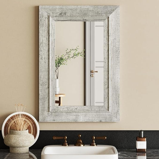Rustic Wall-Mounted Vanity Mirror, Solid Wood Frame Bathroom Mirror, Farmhouse Style for Living Room, Bedroom, Entryway, Horizontal/Vertical Hanging