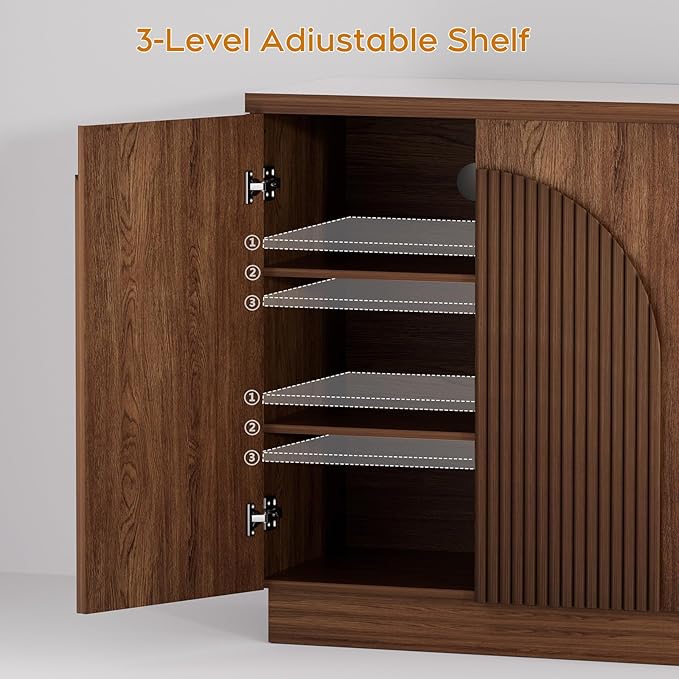 Yechen Walnut Fluted Sideboard Buffet Cabinet with Arched Reeded Design Doors, Mid Century Modern Credenza Storage Cabinet with 2 Adjustable Shelves Inside, for Living Room Kitchen Dinning Hallway