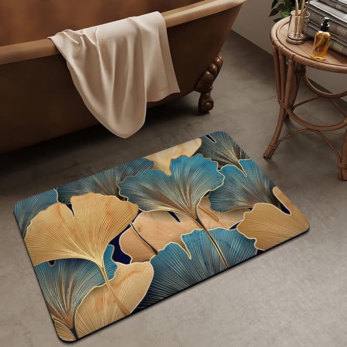 Bath Mat Rug,Gold Ginkgo leafNon Slip Quick Dry Super Absorbent Thin Bathroom Rugs Fit Under Door-Easy to Clean Bathroom Floor Mats-Shower Rug for Shower Sink Bathtub(17" x 27.5"in)