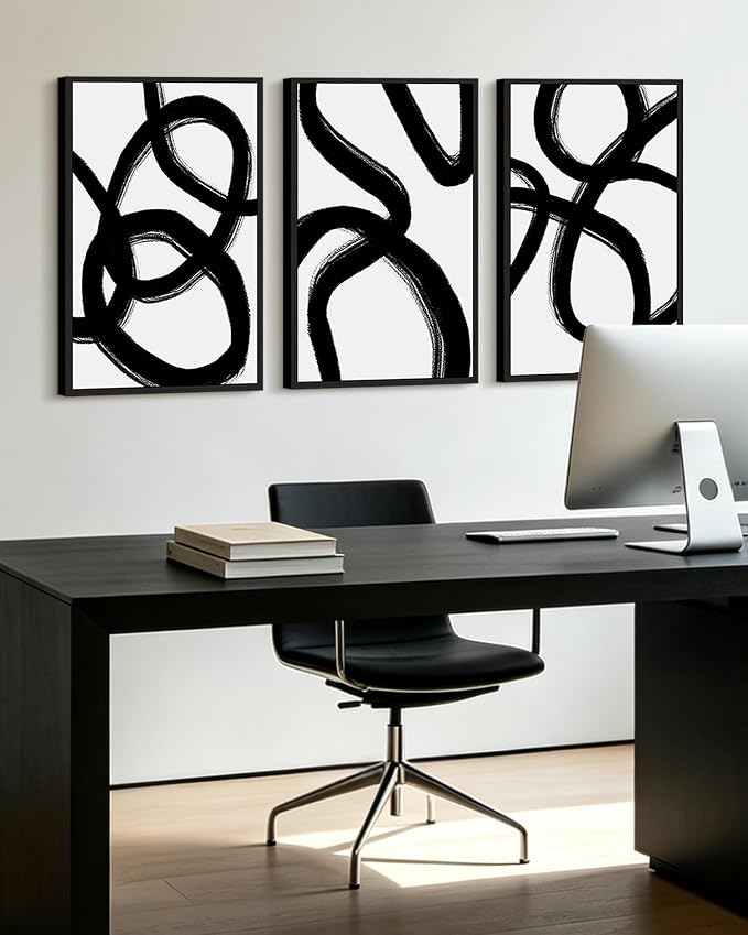 KUVIOKE Black and White Abstract Framed Wall Art Ink Wash Minimalist Lines Painting Artwork for Bedroom Hallway 16x24in (Black Framed)