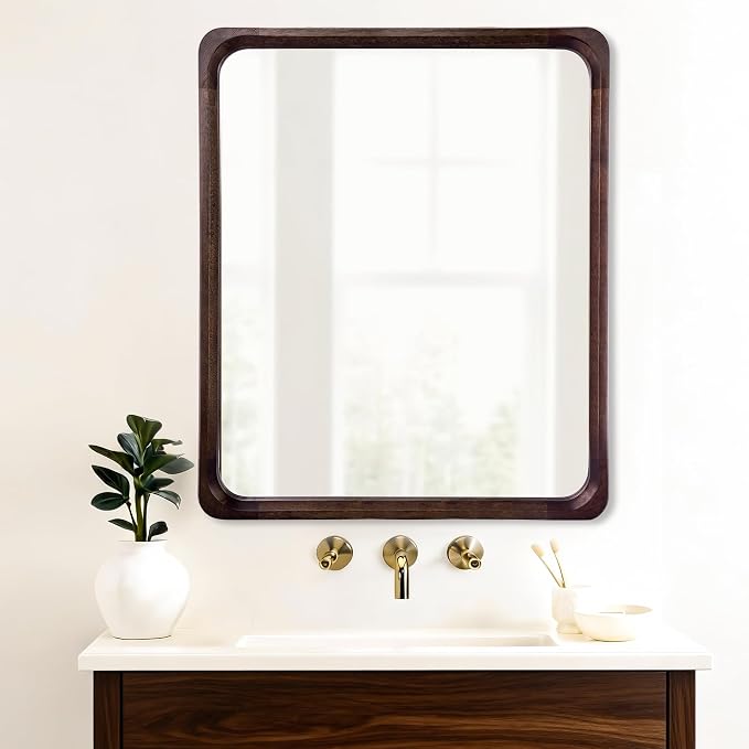 Tanmicoshomy Wood Bathroom Mirror 30 x 36 Inch, Solid Wood Framed Rectangle Mirrors with Tempered Glass for Living Room Bedroom or Entryway(Dark Brown)