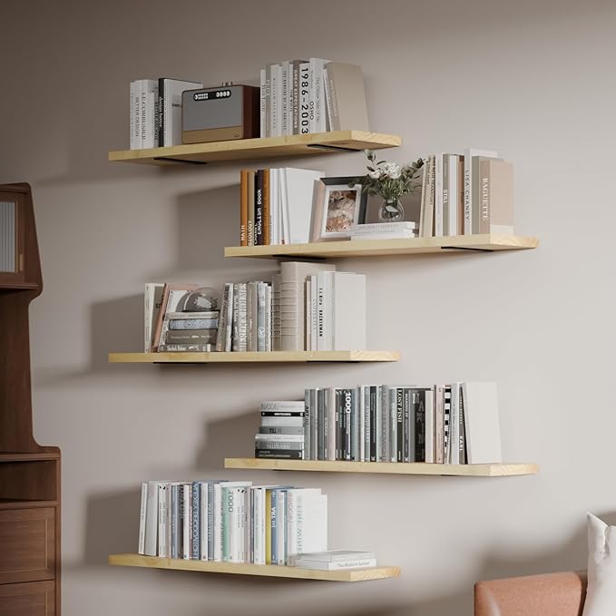 5 Tier Book Shelf,36 inch Long Floating Shelf for Wall,Nature Large Bookcase with Heavy Duty Brackets,Bookshelf for Living Room