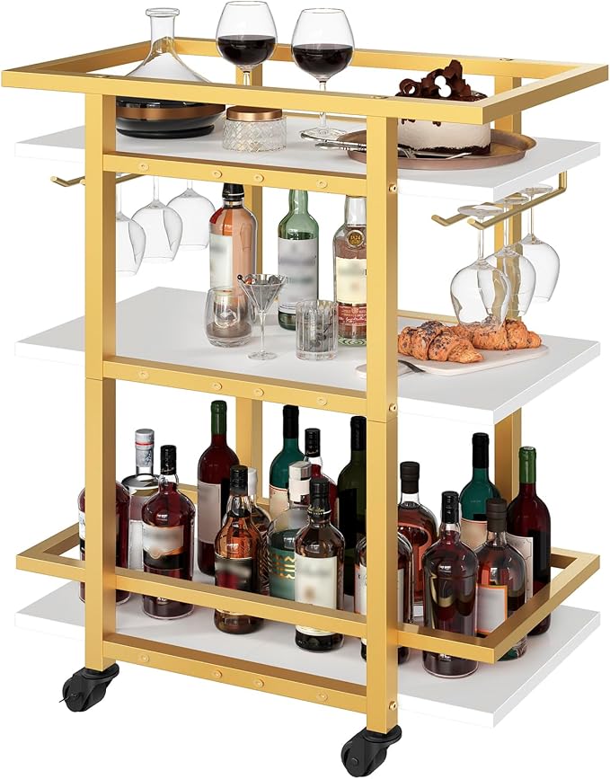 YATINEY 3 Tier Bar Cart, Home Bar Serving Cart with Wheels, Drink Cart with Glass Holder, Beverage Cart, Mobile Kitchen Cart, for Home, Garden, Party, Gold BC19DW