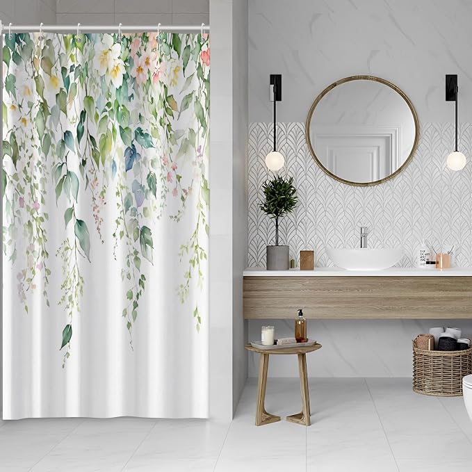 Sage Green Eucalyptus Shower Curtain Watercolor Botanical Floral Leaves Shower Curtain Set Spring Nature Bathroom Decor with 6 Hooks,36x72 Inches