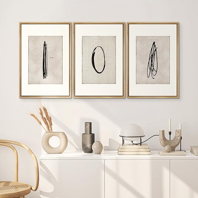 SIGNWIN Framed Canvas Print Wall Art Set Mid-Century Modern Paint Strokes Abstract Shapes Illustrations Modern Art Decorative Minimal Multicolor for Living Room, Bedroom, Office - 24"x36"x3 Natural