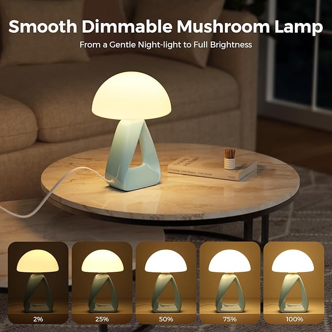 Mushroom Lamp, Small Table Lamp for Bedroom, Creative Geometric Ceramic Base Bedside Lamp, Mid Century Modern Side Table Lamp for Living Room Nightstand, Unique Aesthetic Home Decor Gift Ideas, Blue