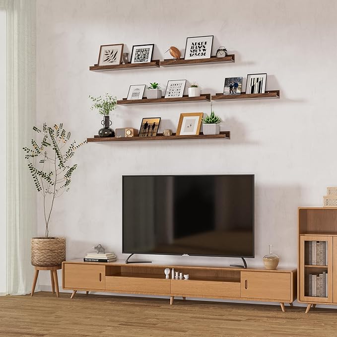 Heimlove Picture Ledge Shelf,48 inch Long Floating Shelves for Wall Set of 2,Picture Shelf with Lip for Wall Decor,Living Room,Bedroom,Bookshelf,Nursery,Perfume,Walnut Color