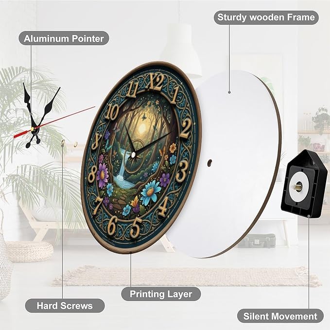 Enchanted Forest Wooden Wall Clock Silent Non Ticking - Frameless 10/12 Inch Battery Operated Decor for Living Room Bedroom Office Kitchen