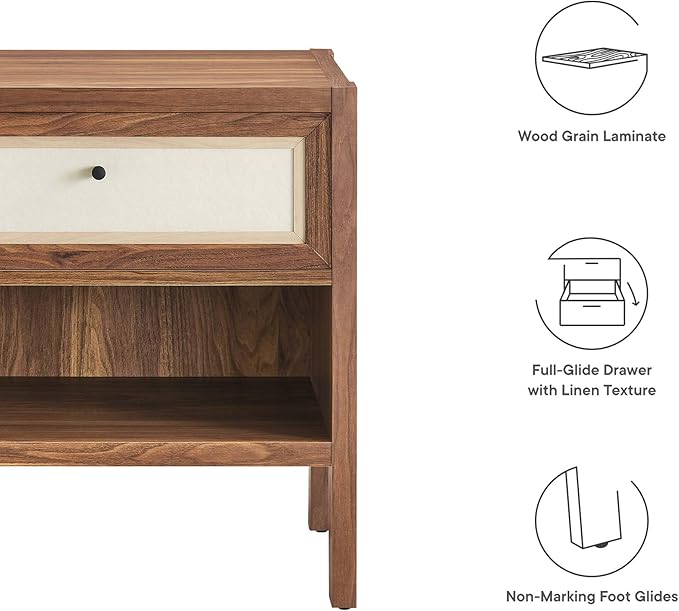 Modway Capri Mid-Century Modern Wood Grain Nightstand Bedside Table in Walnut, Side Table with Drawer, Nightstand with Storage