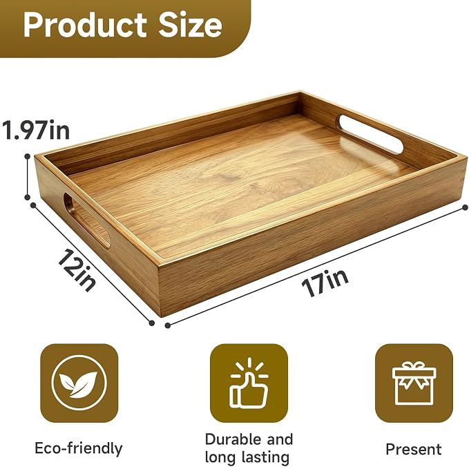 Acacia Wood Serving Tray with Handles, 17 x 12 Inch Large Wooden Tray for Food & Drinks, Coffee Table, Ottoman, Breakfast in Bed – Includes Free Leather Mat