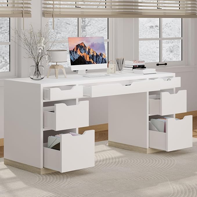 MaverickFurni White Desk with 7 Drawers, 54 Inch Executive Desk with Drawers for Bedroom, Home Office Desk with Drawers for Work Writing Study, Small Spaces