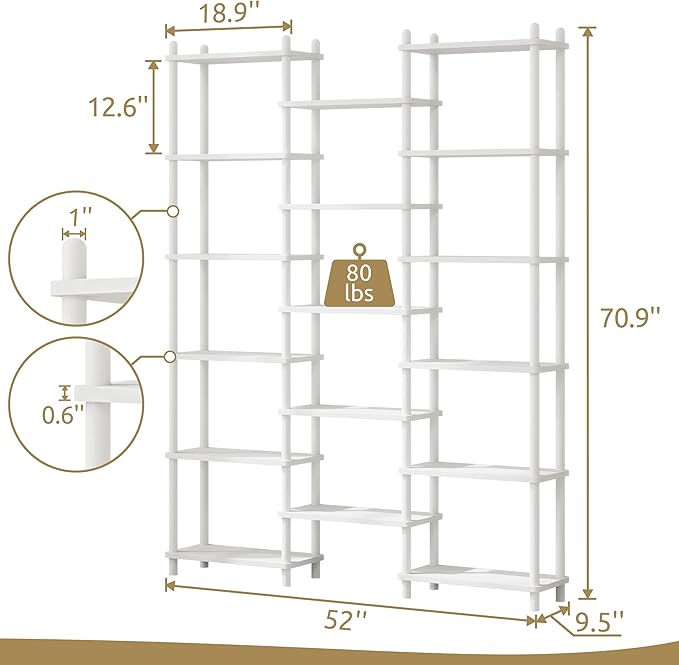 IOTXY Wooden Triple Wide Bookshelf - 6-Tier Large Shelf Bookcase with Solid Beech Frame, Tall Freestanding Open Etagere Display Rack for Home Office, White