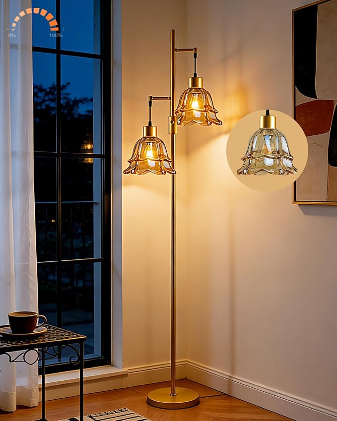 2-Light Modern Glass Floor Lamp, Gold Tall Standing Lamp with Amber Tulip Glass Shade for Reading, Dimmable LED Floor Lamp with Rotary Switch for Living Room Bedroom Home Decor, Bulb Included