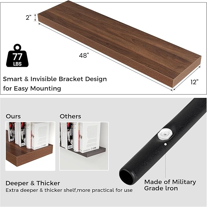 Floating Shelves for Wall, 48" W x 12" D x 2" H, 2 Pack of Long Wall Mounted Engineered Wood Shelves with Invisible Brackets for Living Room, Bedroom, Bathroom, Kitchen Decor, Walnut