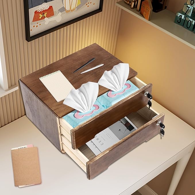 Desktop File Organizer with Lock, 2/3/4 Tier Multi-Drawer Wooden Storage Cabinet, Office Supply Organizer for Home Desk, Study & Workplace (Walnut, 2 Layers)