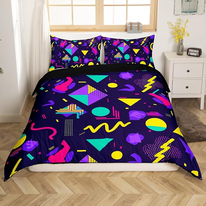 Memphis Duvet Cover Hipster Retro Bedding Set,80s and 90s Hip Hop Funky Comforter Cover Colorful Pop Art Inspired Pattern Twin Bed Set,Watercolor Eighties Memphis Geometrical 80s Bedroom Decor